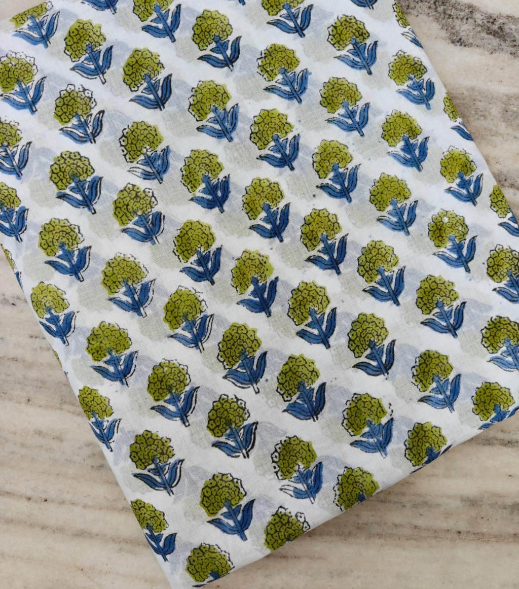 Hand Block Print Cotton Fabric, Green Floral Buti with Blue Leaves on White, Lightweight Indian Cotton for Dresses, Quilting Sewing Projects