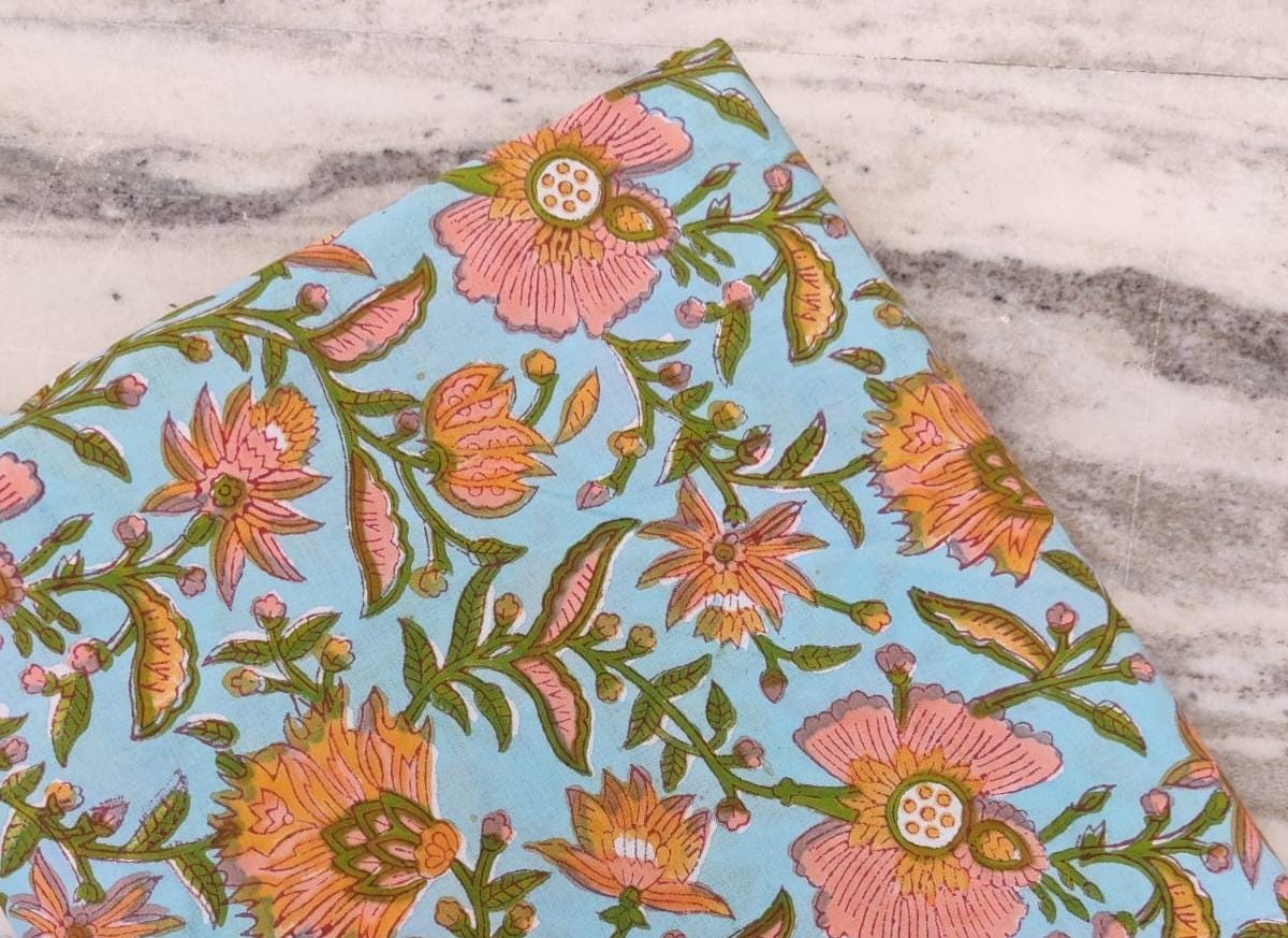 Lightweight Floral Cotton Fabric, Pink Hand Block Print on Blue Soft Indian Cotton Fabric by the Yard Quilting, Dressmaking, Sewing