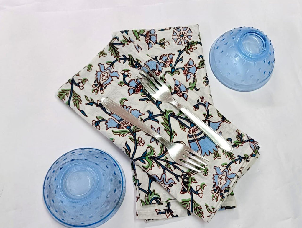 Floral Cotton Dinner Napkins, Set of 4 - Hand Block Printed