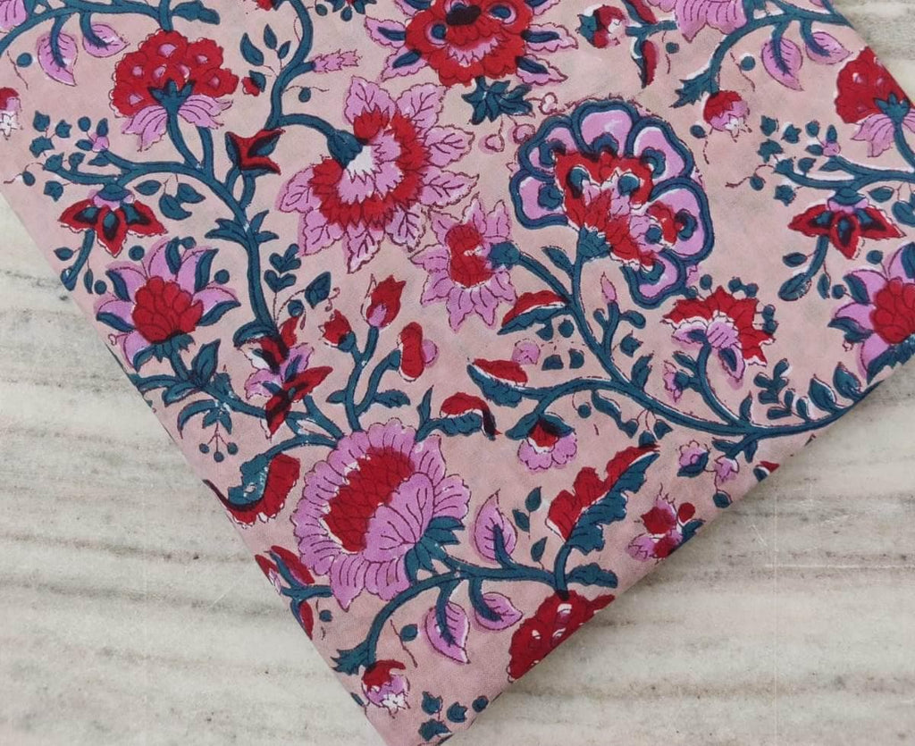Pink Cotton Fabric with Red & Purple Floral Print, Hand Block Print Fabric by the Yard, Soft Indian Cotton for Quilting, Dressmaking Crafts