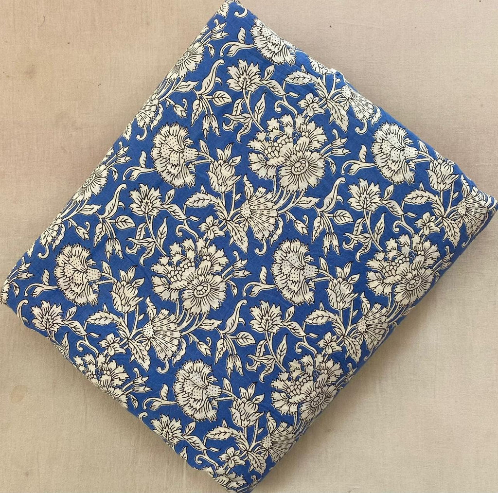 Blue Floral Cotton Fabric, Hand Block Print Fabric, Indian Cotton Fabric by Yard, Vintage Floral Fabric, Quilting Fabric, Cotton Textile