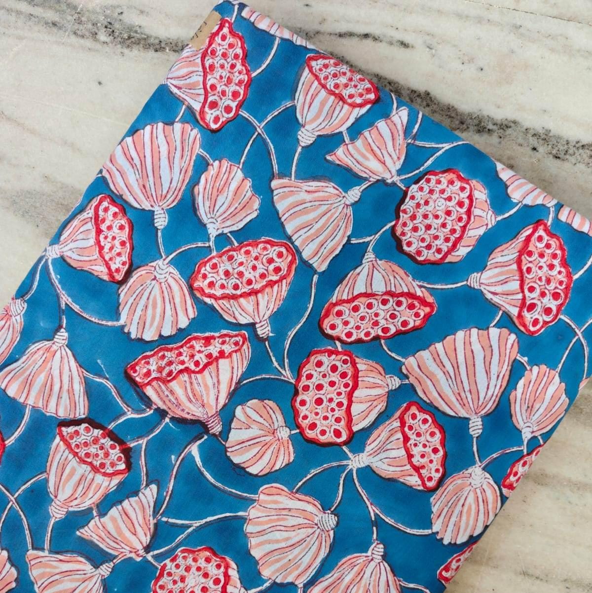 Teal Blue Floral Cotton Fabric, Hand Block Print Lotus Pod Pattern Fabric, Indian Cotton Fabric by the Yard, Fabric For Dress Making, Napkin