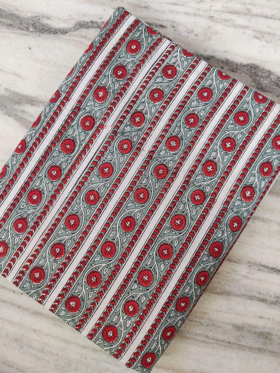 Red Green Striped Cotton Fabric, Hand Block Print Floral Fabric by the Yard, Quilting & Dressmaking Fabric, Christmas Home Decor Fabric