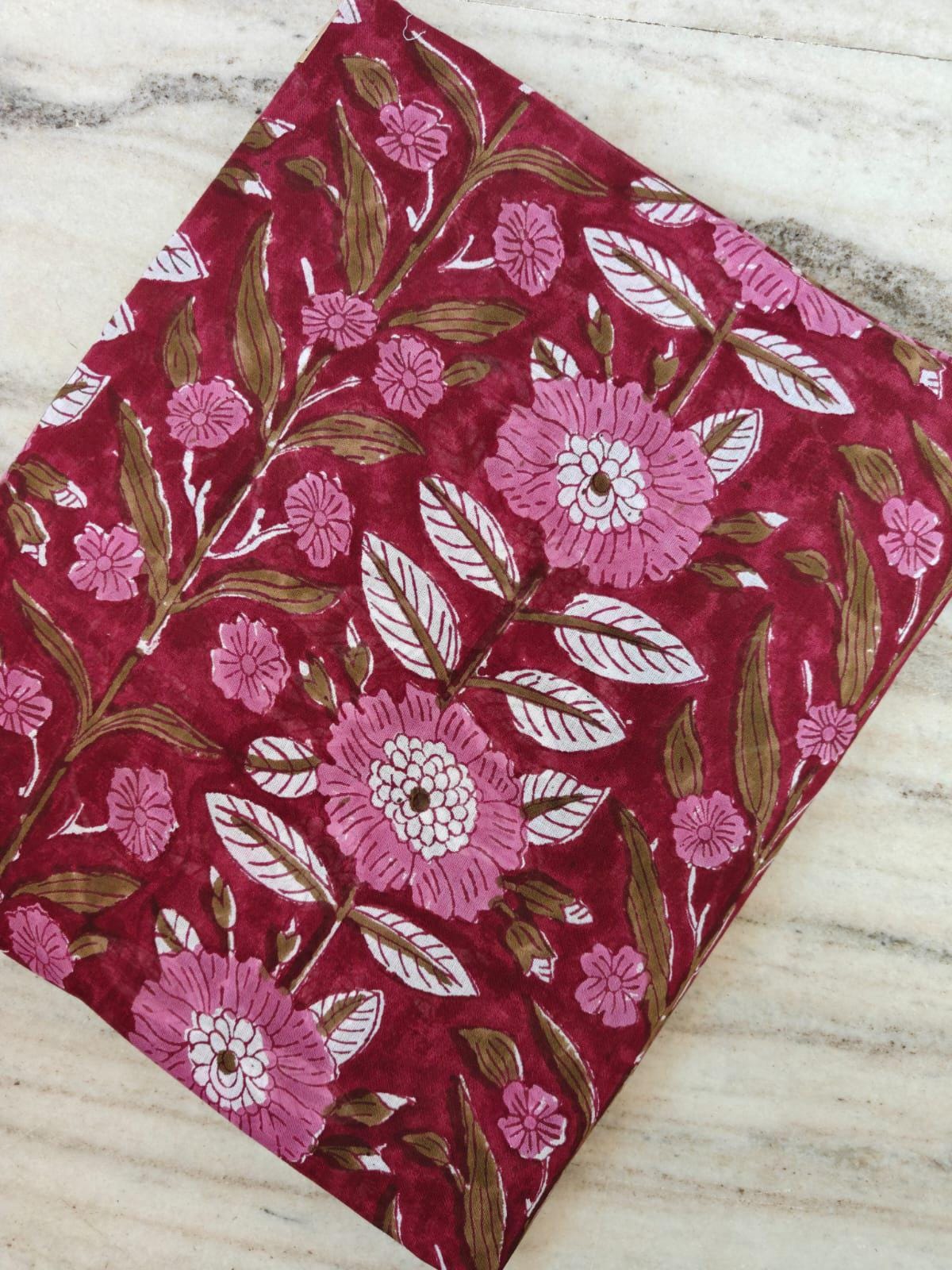Hand Block Print Cotton Fabric – Red Floral Indian Fabric by the Yard – Pink Flower Print Textile for Sewing, Quilting, Dressmaking & Crafts