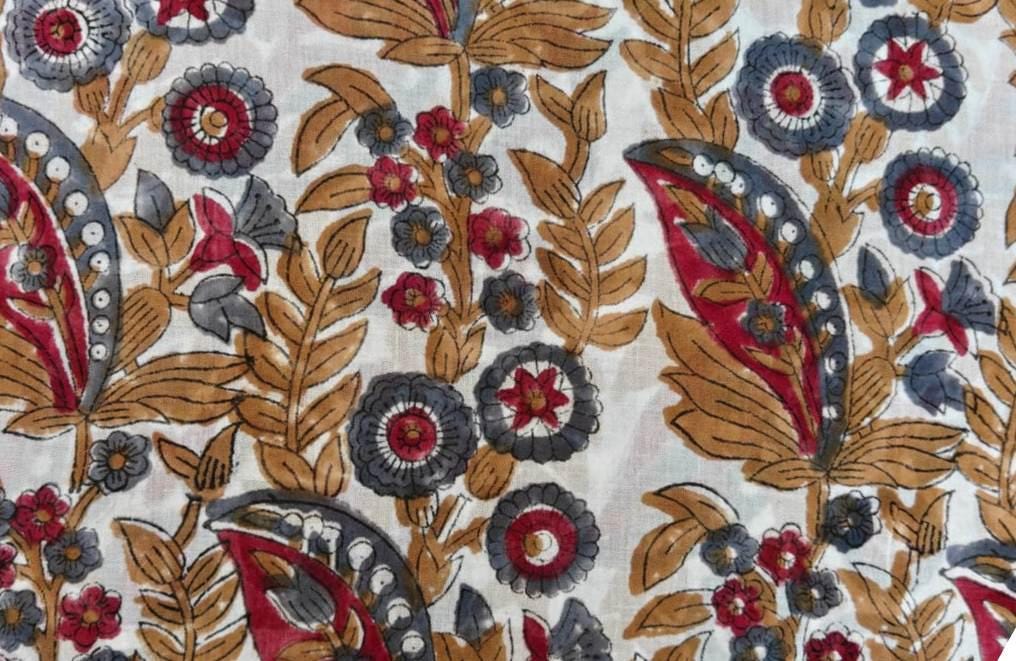 Hand Block Print Cotton Fabric, Floral Paisley Fabric, Indian Cotton Textile, Soft Lightweight Fabric for Dressmaking, Craft Fabric, Napkins