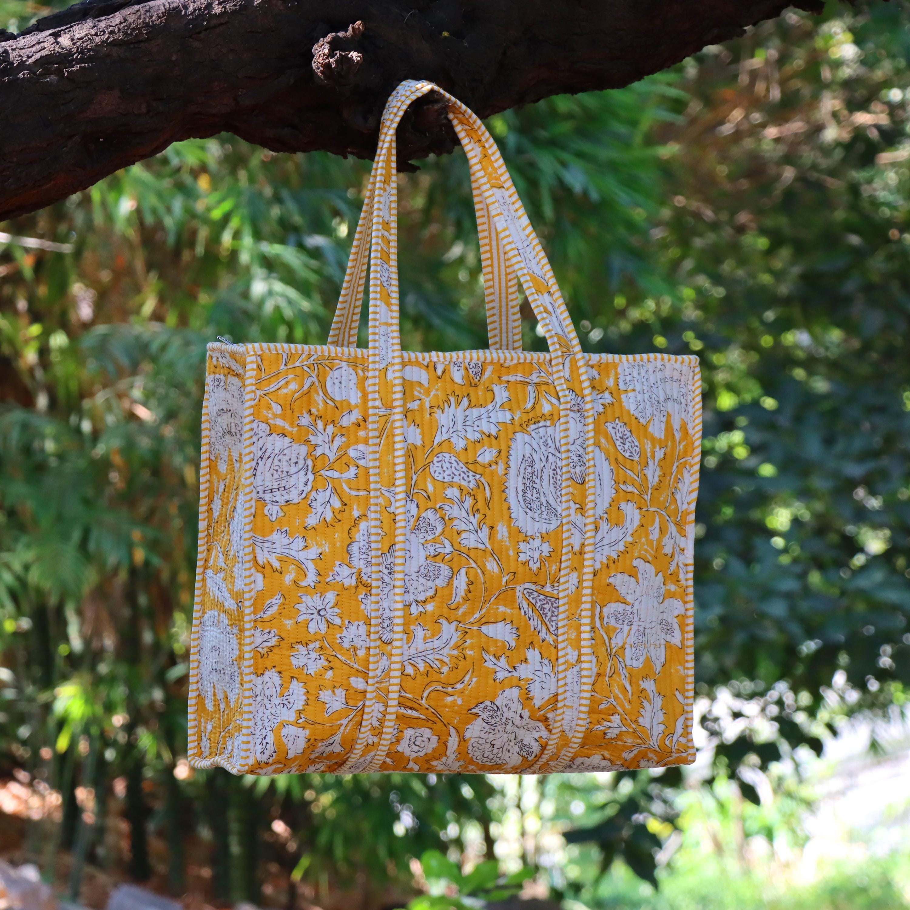 Yellow Color Cotton Tote Bag, Handmade Block Print Market Bag, Tote Bag, Indian Cotton Shoulder Bag, Baho Everyday Carry Bag, Beach Bags