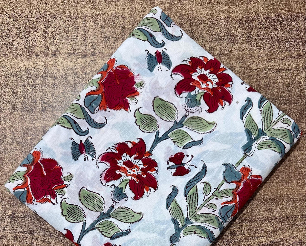 Light Blue Red Floral Hand Block Print Cotton Fabric, Indian Cotton Fabric by Yard, Vintage Flower Print Dressmaking & Quilting Fabric