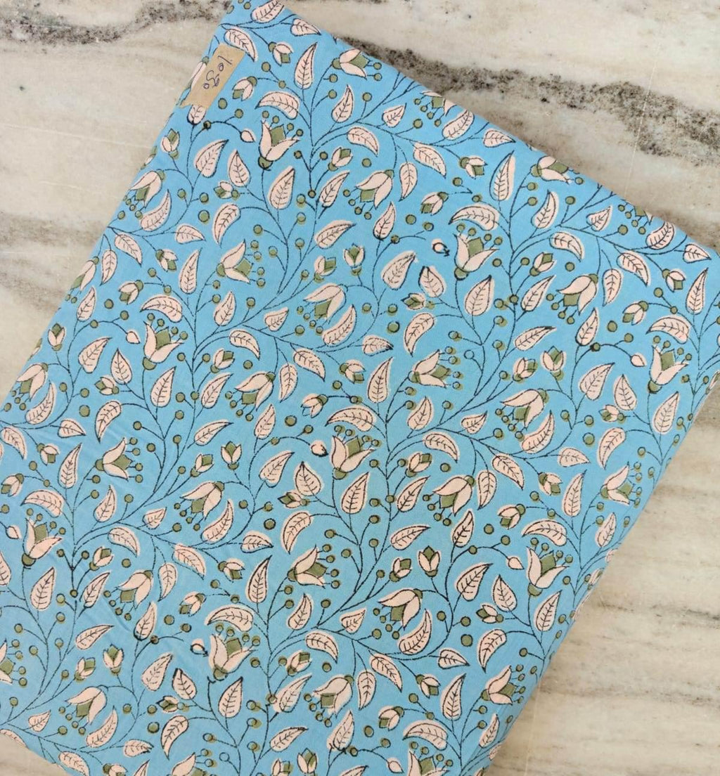 Sky Blue Floral Cotton Fabric by the Yard, Indian Hand Block Print Cotton, Delicate Vine Leaf Print Quilting Sewing Dressmaking Craft Fabric