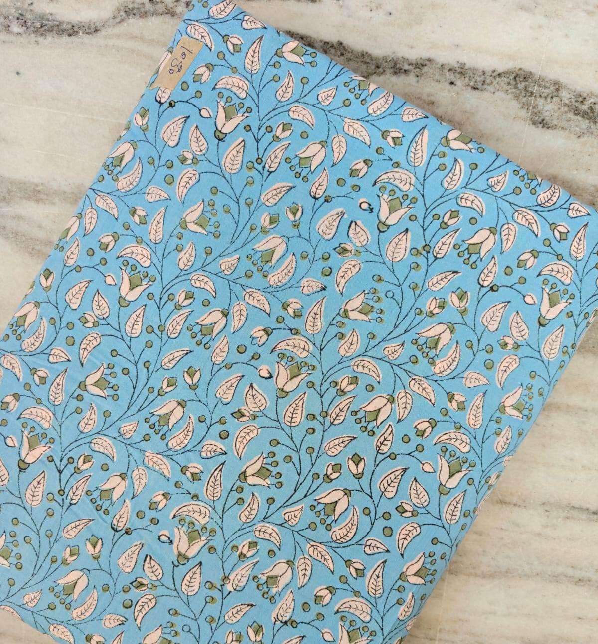 Sky Blue Floral Cotton Fabric by the Yard, Indian Hand Block Print Cotton, Delicate Vine Leaf Print Quilting Sewing Dressmaking Craft Fabric
