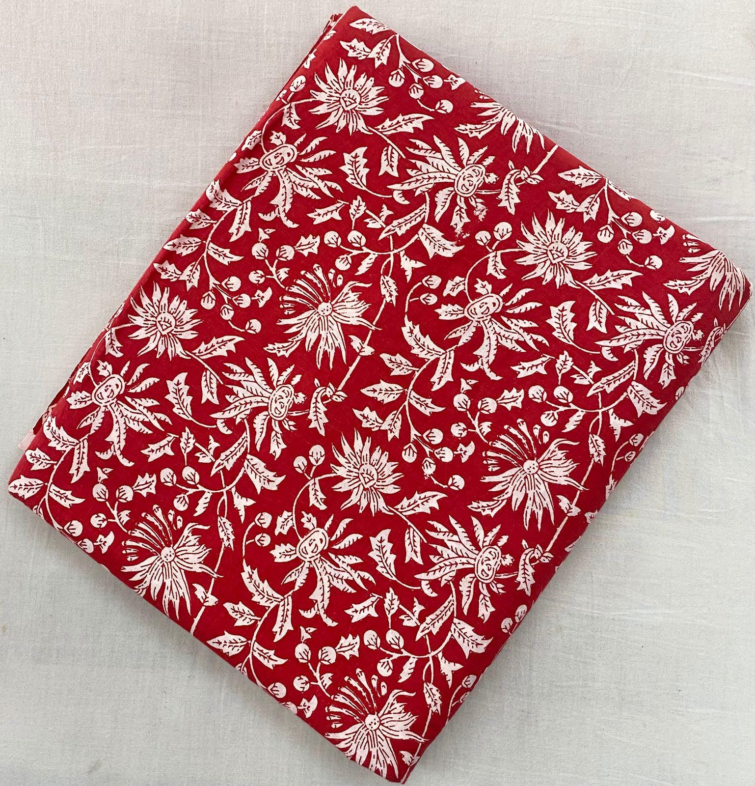 Red Beautiful Designer Hand Block Print Fabric, 100% Cotton Quilting Fabric By The Yard, Dressmaking Fabric, Loose Running Fabric
