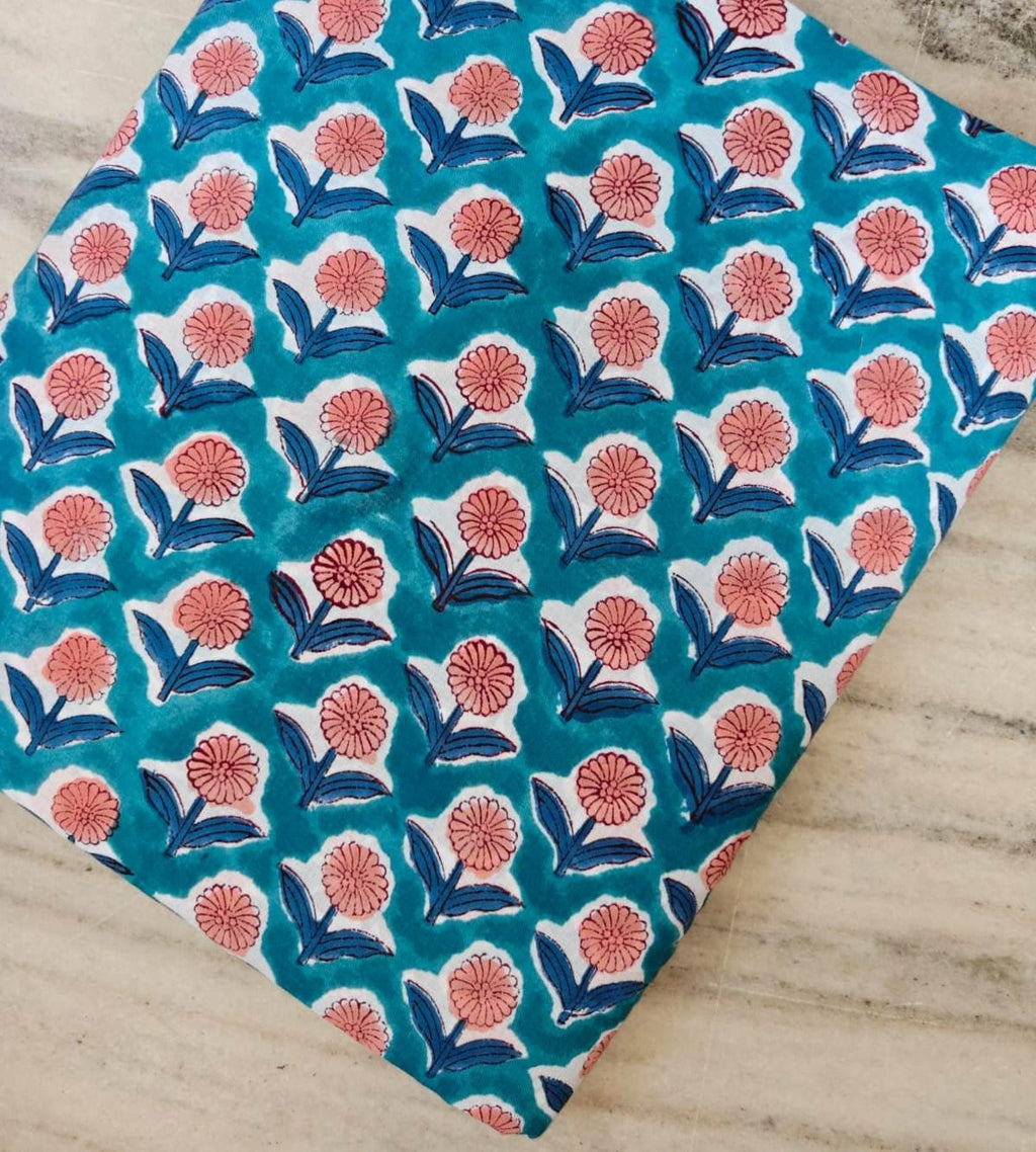 Blue Green Indian Hand Block Print Fabric, Floral 100% Cotton Quilting Fabric By The Yard, Dressmaking Fabric, Napkins Fabric, Loose Fabric