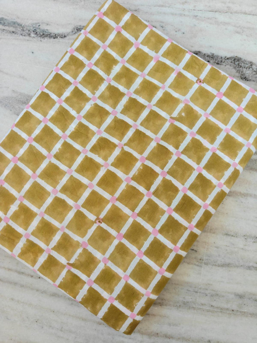 Mustard Yellow Cotton Fabric with White Grid and Pink Dots, Hand Block Print Cotton Material, Quilting Dressmaking Home Decor Fabric