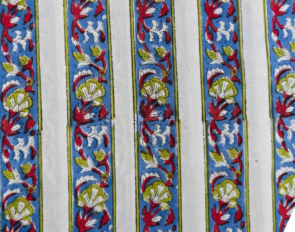 Striped Floral Block Print Cotton Fabric, Blue White Indian Hand Block Print Fabric, Boho Stripe Cotton Cloth, Quilting Sewing Fabric Yard