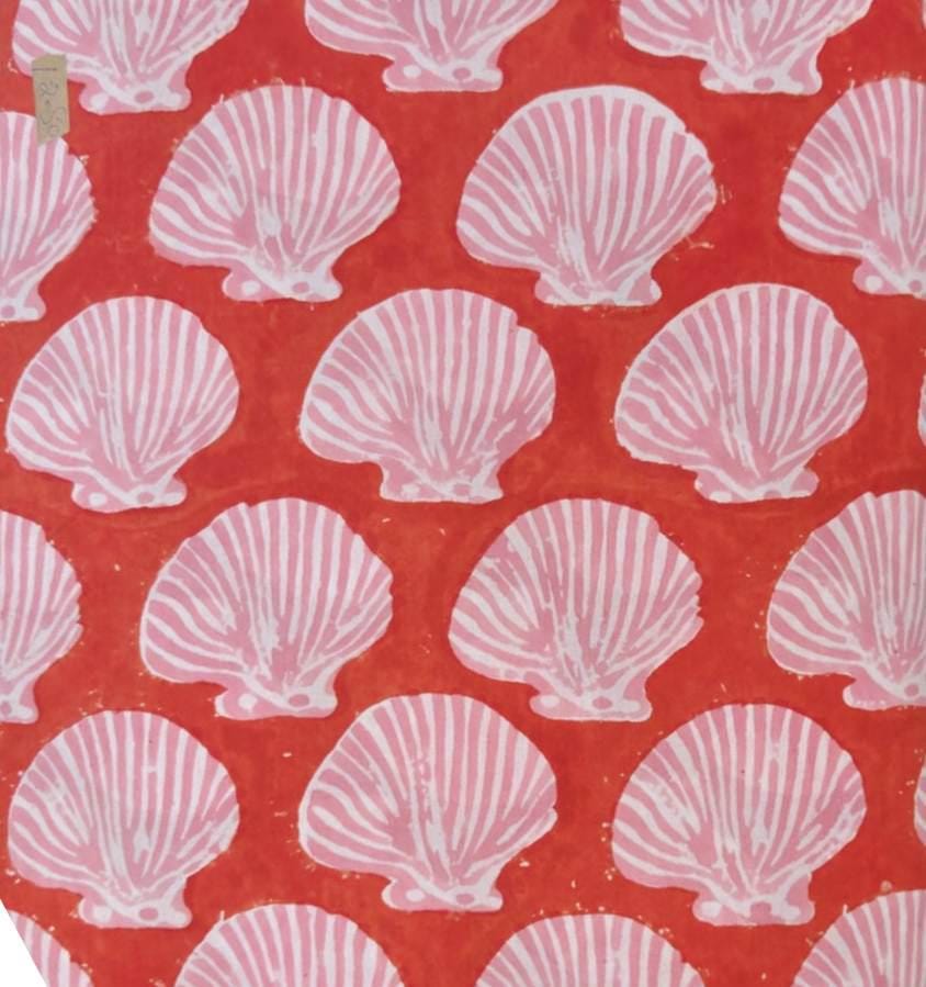 Coral Pink Seashell Block Print Cotton Fabric, Coastal Nautical Shell Fabric, Beach Theme Indian Cotton Fabric, Sewing Craft Fabric by Yard