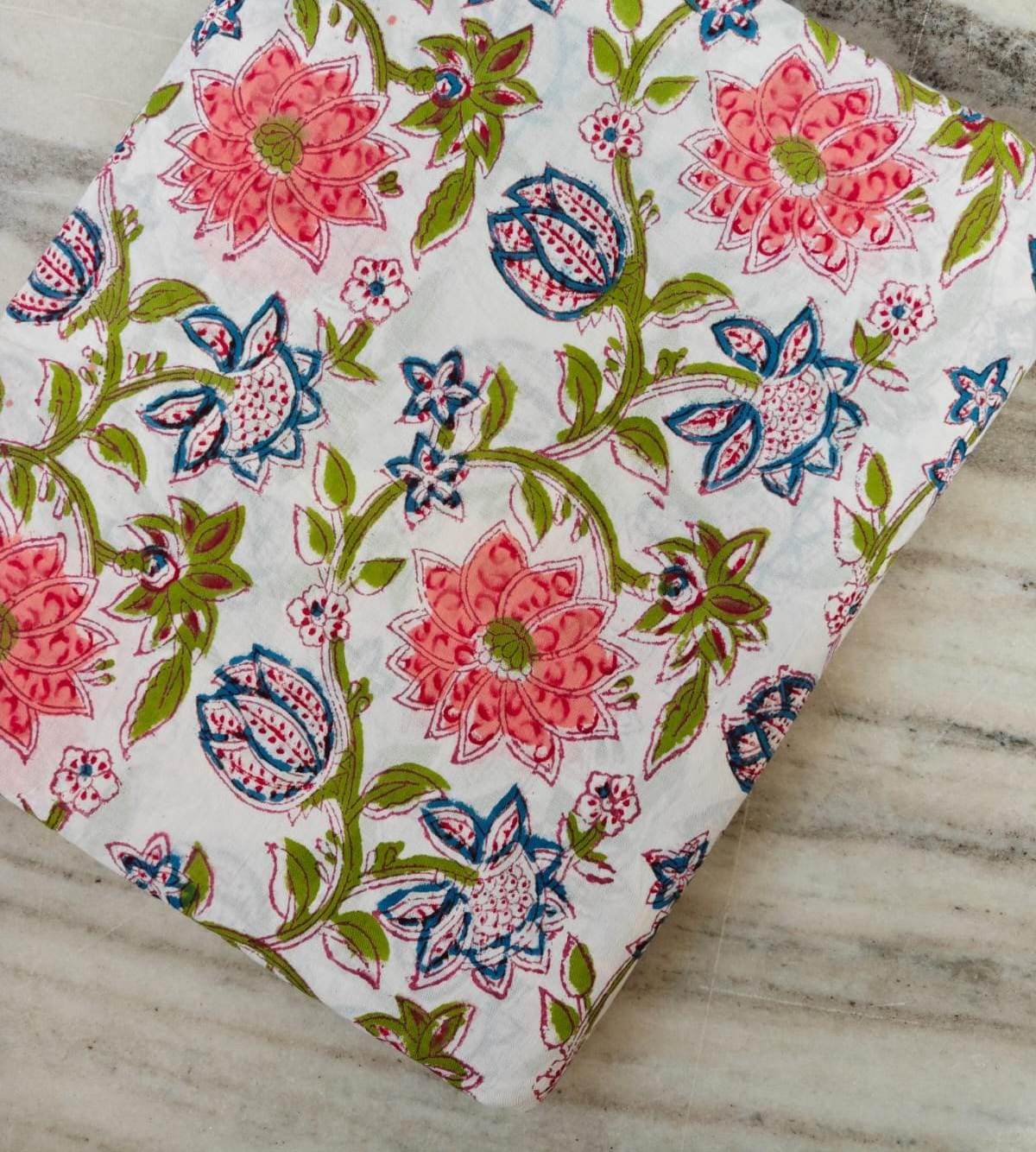 New Arrival Fabric Pink Blue Floral Block Print Cotton Fabric, Indian Hand Block Printed Fabric by the Yard, Boho Flower Pattern Fabric