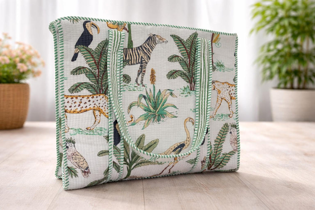 Jungle Print Quilted Tote Bag, Handmade Cotton Block Print Shoulder Bag, Large Fabric Shopper, Reusable Market Bag, Safari Animal Tote