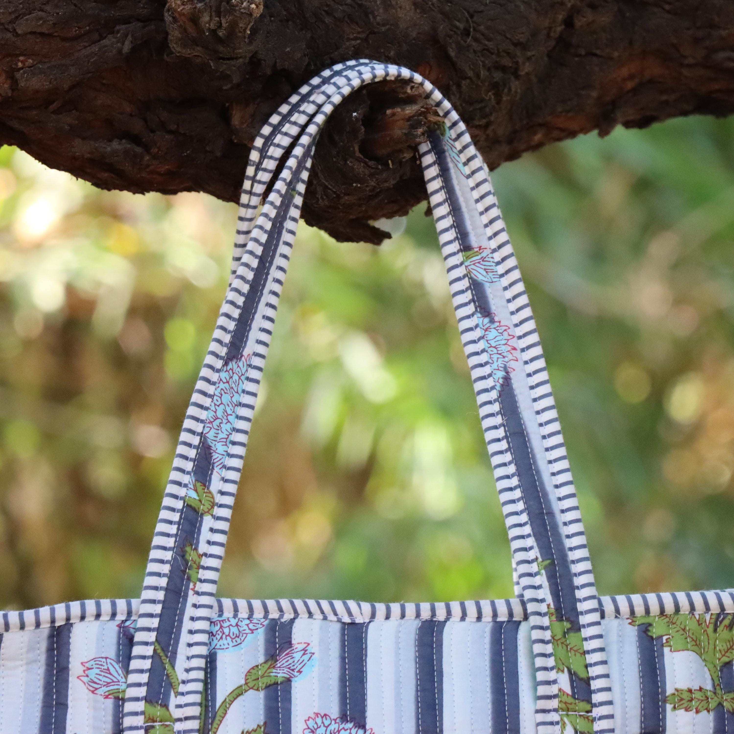 Handmade Quilted Floral Tote Bag | Striped Cotton Handbag | Everyday Carry Tote | Reusable Market Bag | Blue Flower Print Shoulder Bag
