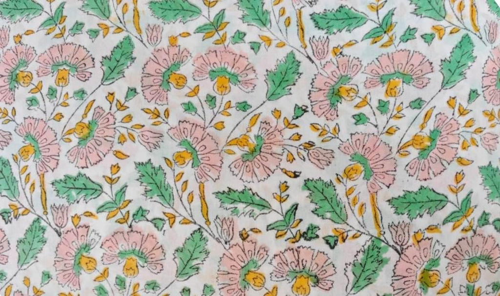 Floral Cotton Fabric by the Yard, Pink Green Yellow Block Print Fabric, Indian Hand Block Print Cotton, Small Quilting Dressmaking Fabric