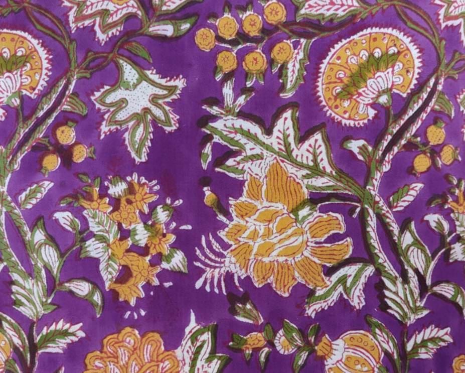 Purple Floral Cotton Fabric, Indian Block Print Fabric by the Yard, Mustard Yellow Botanical Print, Quilting Sewing Fabric, Apparel Fabric