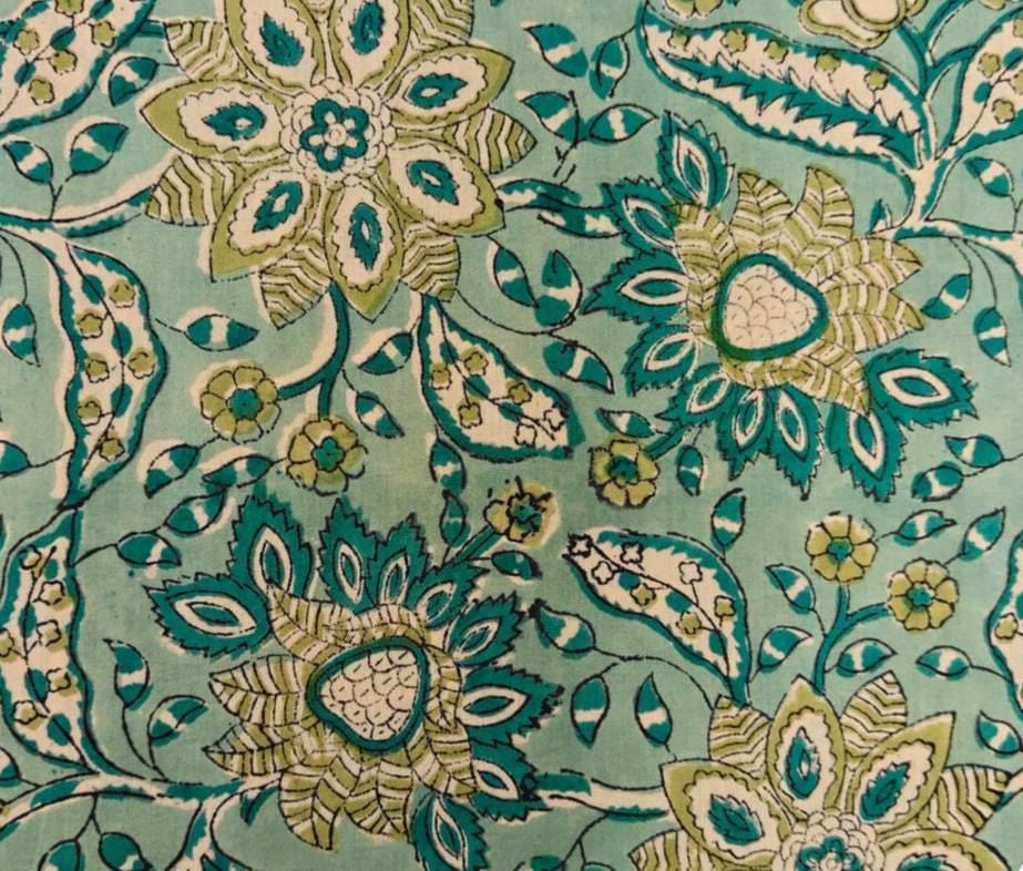 Teal Green Floral Cotton Fabric, Indian Hand Block Print Quilting Fabric By The Yard, Large Botanical Print, Dressmaking Quilting, Napkins