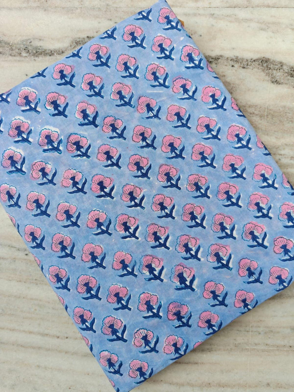 Blue Pink Floral Block Print Fabric, Hand Block Printed Cotton Fabric, Indian Floral Textile Fabric For Dress Making, Loose Running Fabric