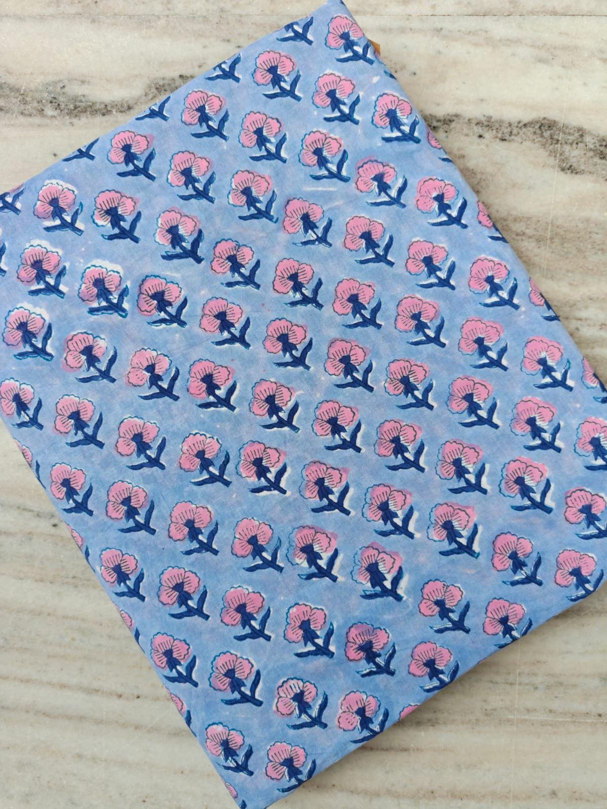 Blue Pink Floral Block Print Fabric, Hand Block Printed Cotton Fabric, Indian Floral Textile Fabric For Dress Making, Loose Running Fabric
