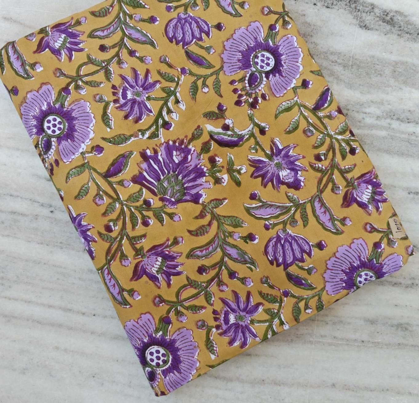 Mustard Yellow Purple Floral Cotton Fabric, Indian Block Print Fabric, Boho Flower Fabric by the Yard, Lightweight Sewing Quilting Textile