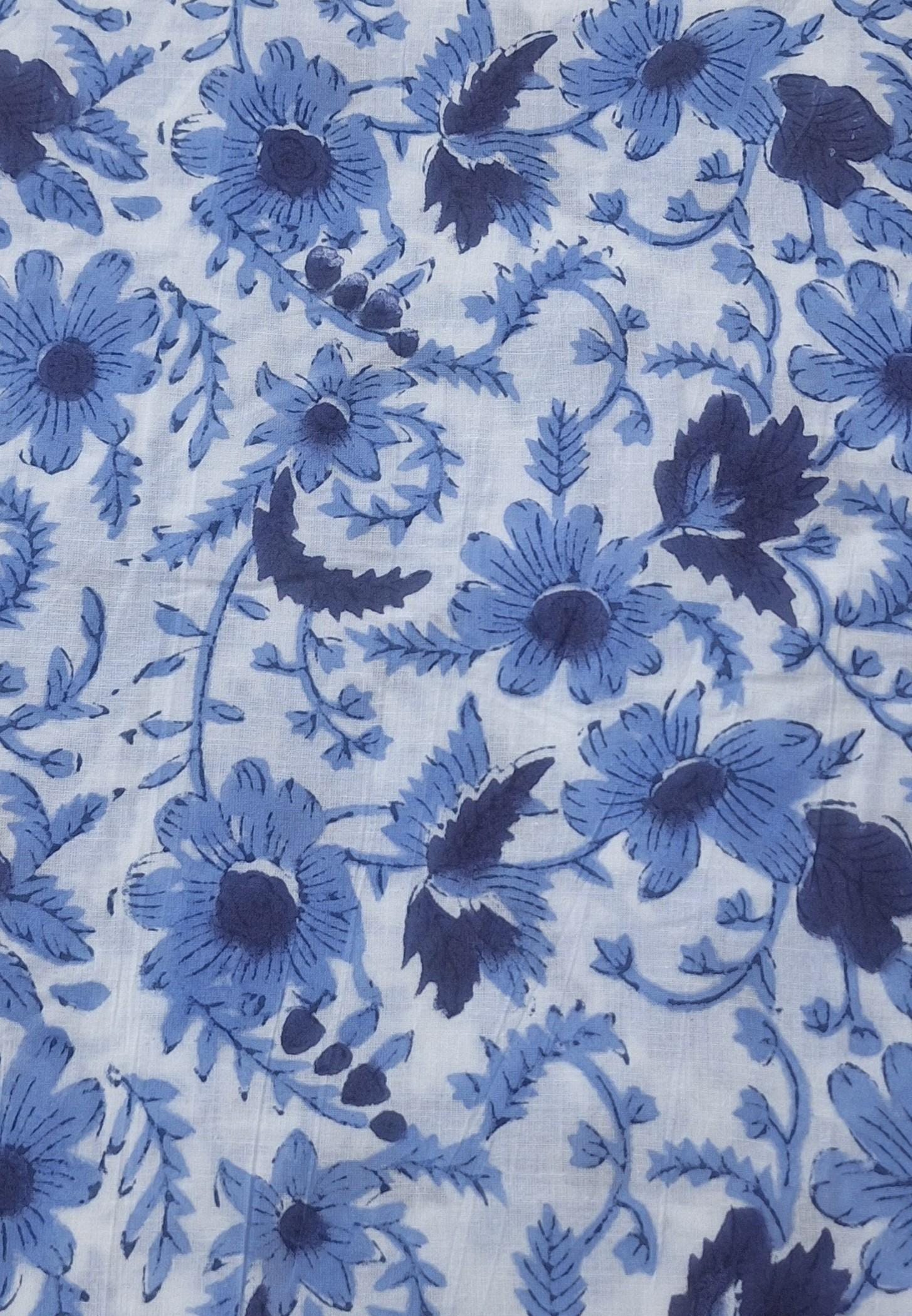 Blue Floral Cotton Fabric, Hand Block Print Fabric, Indian Cotton Textile, Soft Lightweight Fabric, Dressmaking Sewing Fabric, Craft Fabric