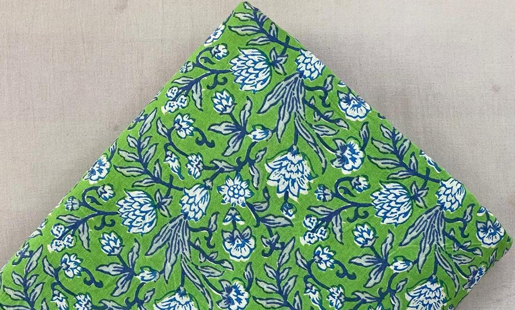 Green Color Indian Hand Block Print Fabric, 100% Cotton Quilting Fabric By The Yard, Fabric For Dress Making Fabric, Loose Running Fabric