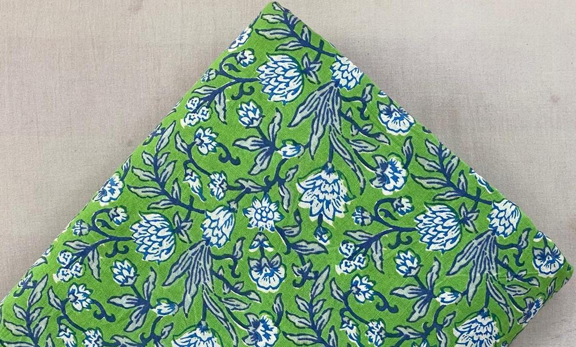Green Color Indian Hand Block Print Fabric, 100% Cotton Quilting Fabric By The Yard, Fabric For Dress Making Fabric, Loose Running Fabric