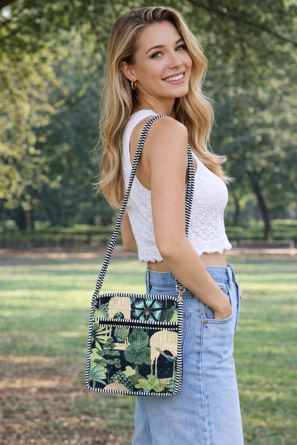 Quilted Crossbody Sling Bag, Handmade Cotton Shoulder Bag, Forest Print Small Travel Pouch, Lightweight Zip Purse for Women Adjustable Strap