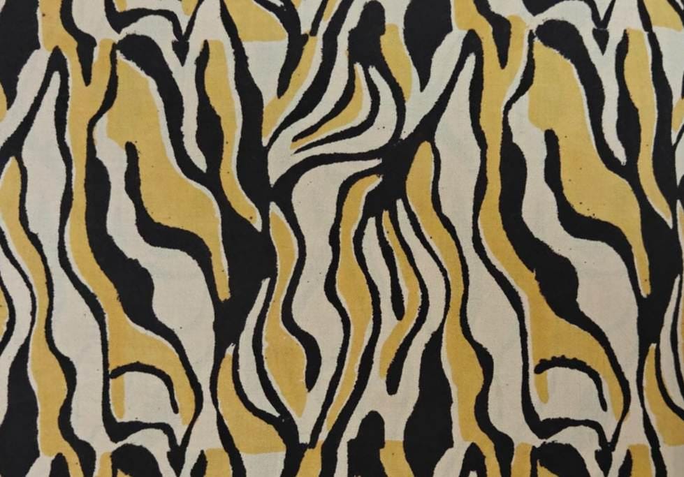 Mustard and Black Abstract Wavy Print Cotton Fabric, Indian Hand Block Print Fabric, 100% Cotton Quilting Fabric By The Yard, Napkins Fabric
