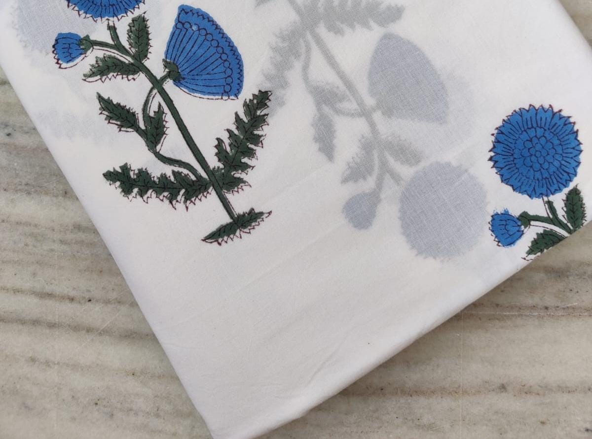 White Cotton Fabric with Blue Floral Print | Handmade Indian Block Print Fabric by the Yard | Soft Cotton for Quilting, Sewing, Dressmaking