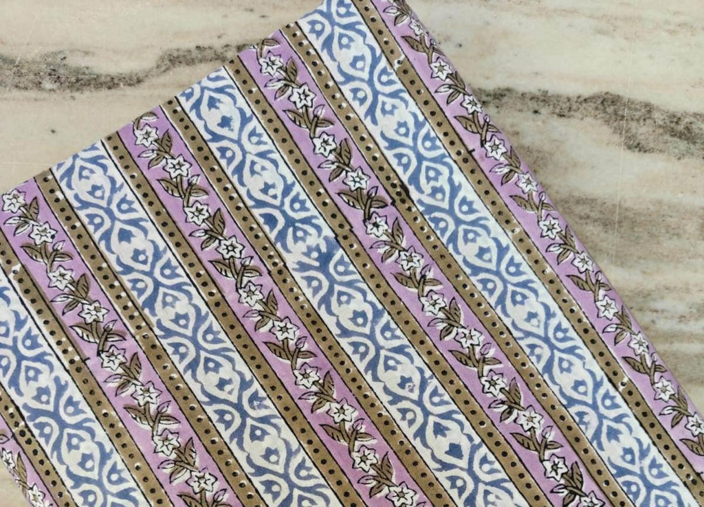 Striped Floral Cotton Fabric by the Yard, Blue Lilac Block Print Fabric, Handmade Fabric, Table Cover Fabric, Fabric For Dress Making