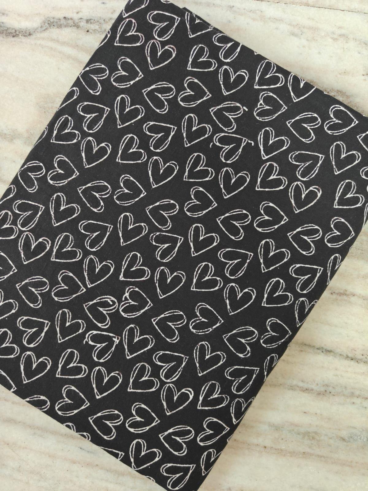 Black Heart Print Cotton Fabric, White Doodle Hearts Fabric by Yard, Valentine Love Fabric, Modern Minimal Cotton for Quilting Sewing Craft