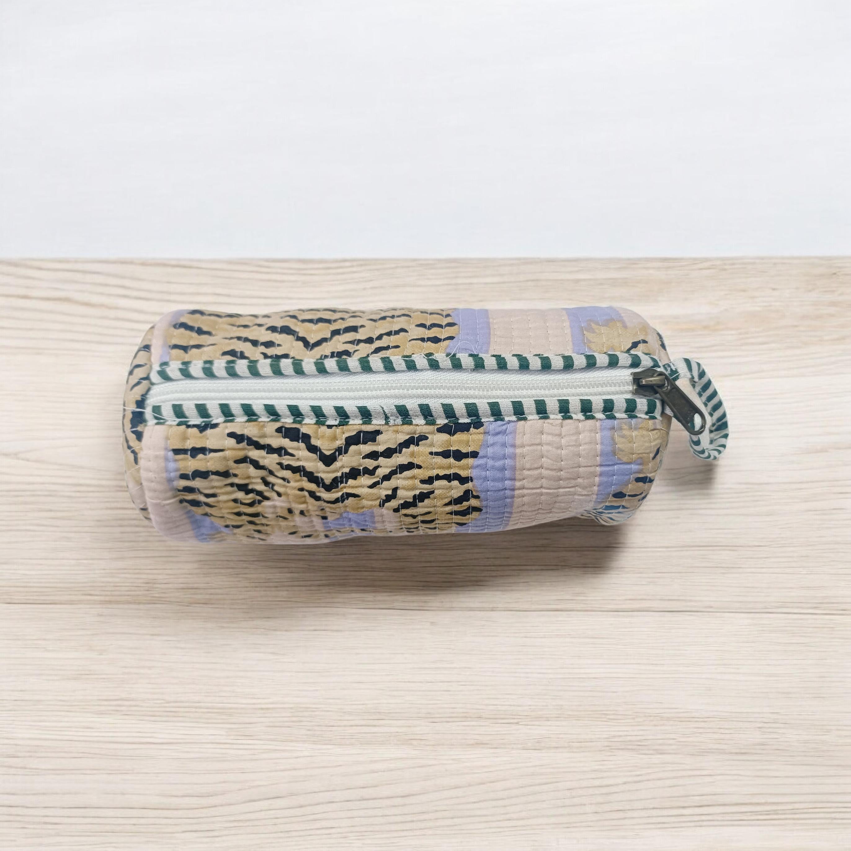 Quilted Patchwork Fabric Pouch, Striped & Tiger Print Zipper Case, Quilted Floral Bag, Handmade Cotton Zip Pouch, Toiletry Pouch, Gifts Her
