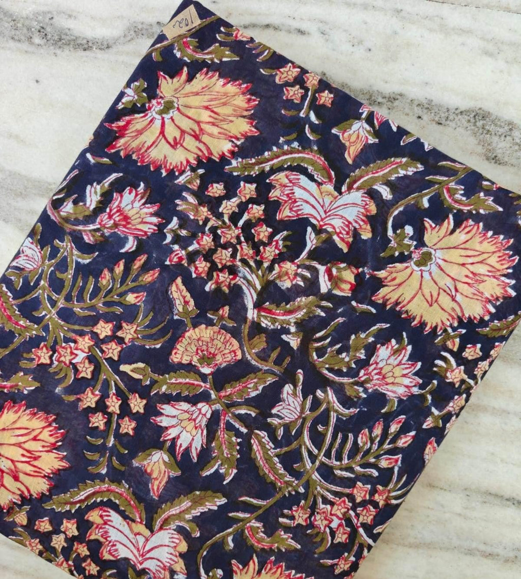 Soft Cotton Navy Blue Floral Fabric, Hand Block Print Indian Fabric, Boho Indigo Flower Textile, Quilting Sewing Cotton By The Yard, Napkins