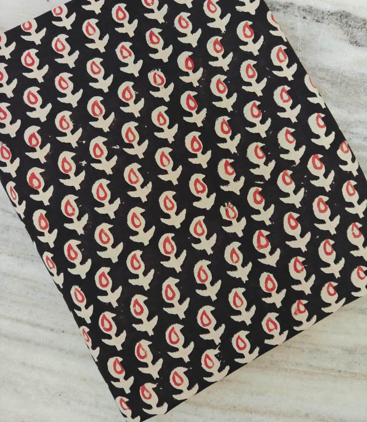 Black Floral Cotton Fabric Hand Block Print Fabric Red and Cream Flower Pattern Fabric By The Yard Handmade Textile for DIY Sewing Projects