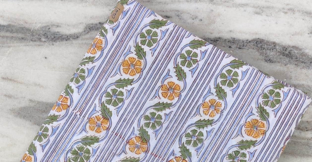 White Cotton Fabric with Yellow Green Floral Stripes, Hand Block Print Fabric by the Yard, Soft Indian Cotton for Quilting, Dressmaking