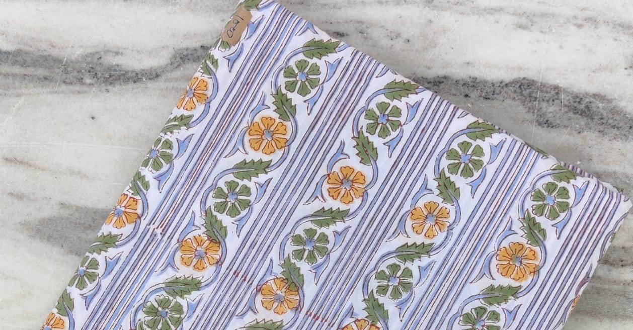 White Cotton Fabric with Yellow Green Floral Stripes, Hand Block Print Fabric by the Yard, Soft Indian Cotton for Quilting, Dressmaking