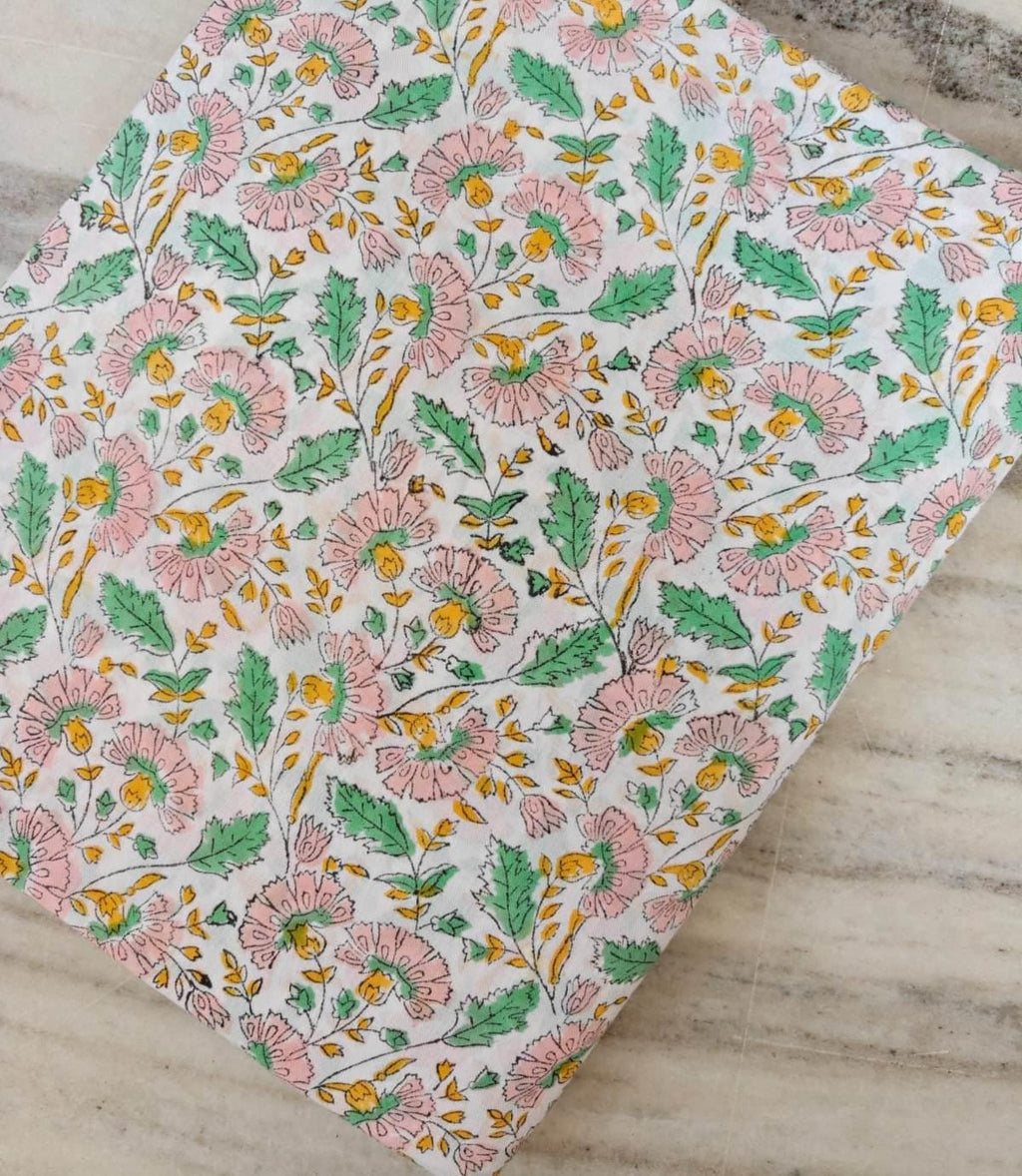 Floral Cotton Fabric by the Yard, Pink Green Yellow Block Print Fabric, Indian Hand Block Print Cotton, Small Quilting Dressmaking Fabric
