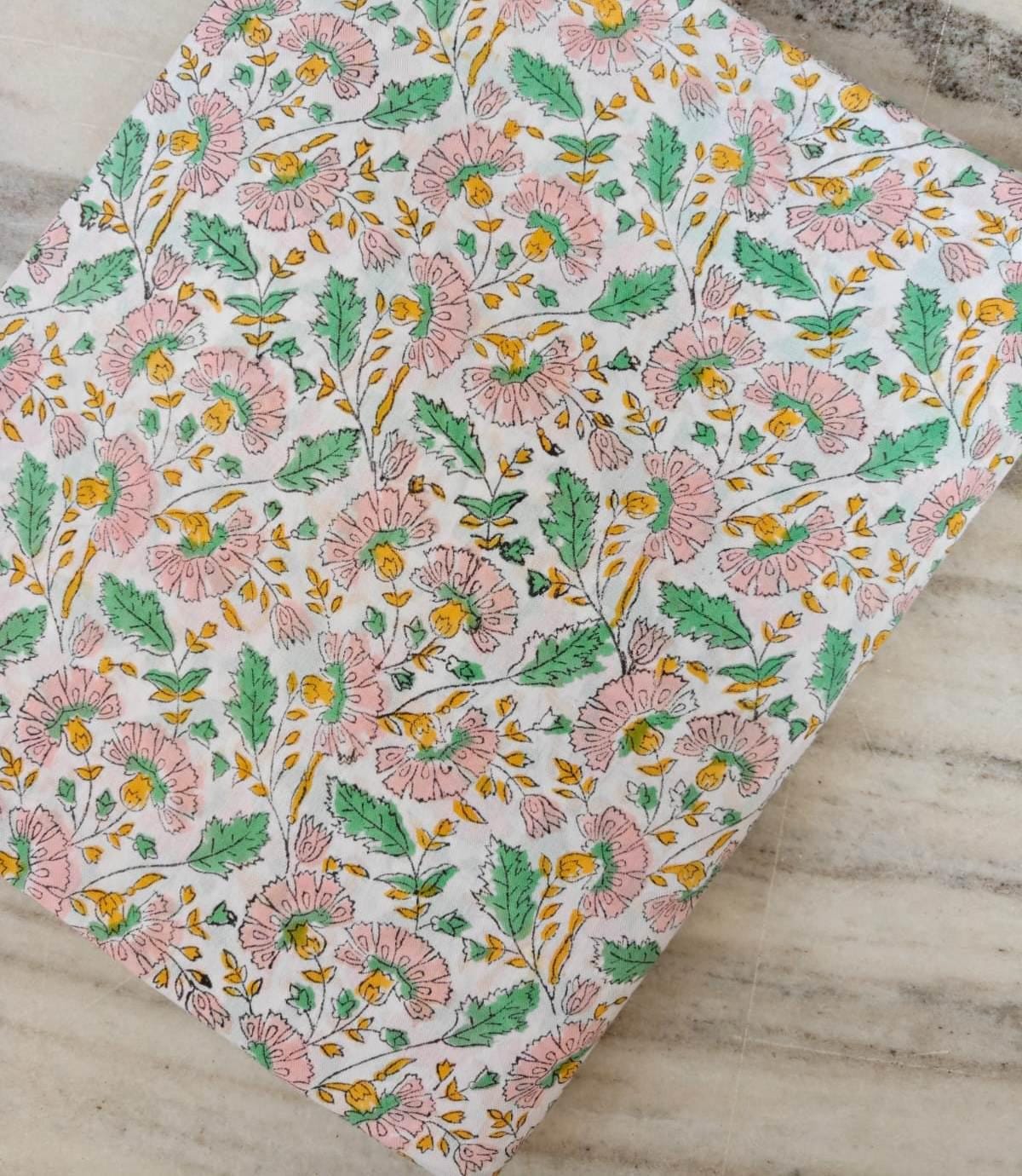 Floral Cotton Fabric by the Yard, Pink Green Yellow Block Print Fabric, Indian Hand Block Print Cotton, Small Quilting Dressmaking Fabric