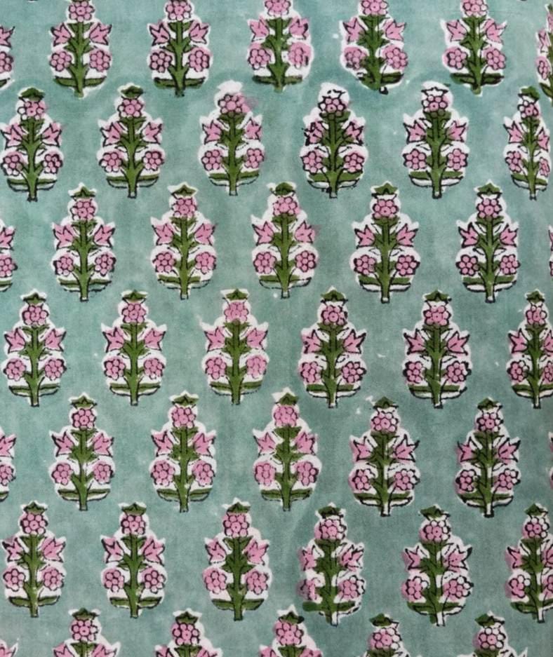 Hand Block Print Cotton Fabric, Floral Cotton Fabric by Yard, Indian Handmade Fabric, Green Pink Flower Print, Craft Sewing Quilting Fabric