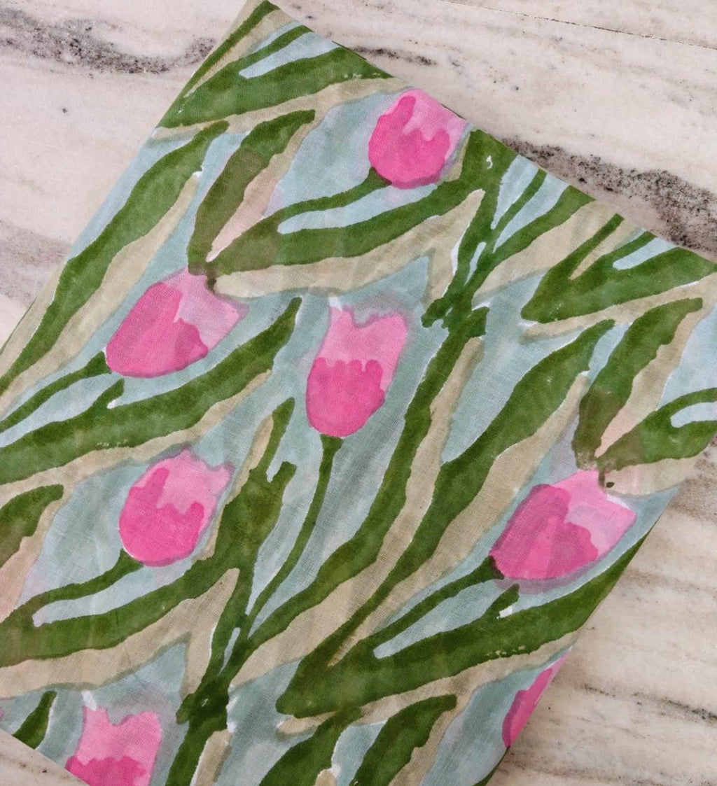 New Arrival Tulip Floral Cotton Fabric, Hand Block Print Fabric, Pink Green Botanical Fabric by Yard Indian Cotton Fabric Dressmaking Fabric