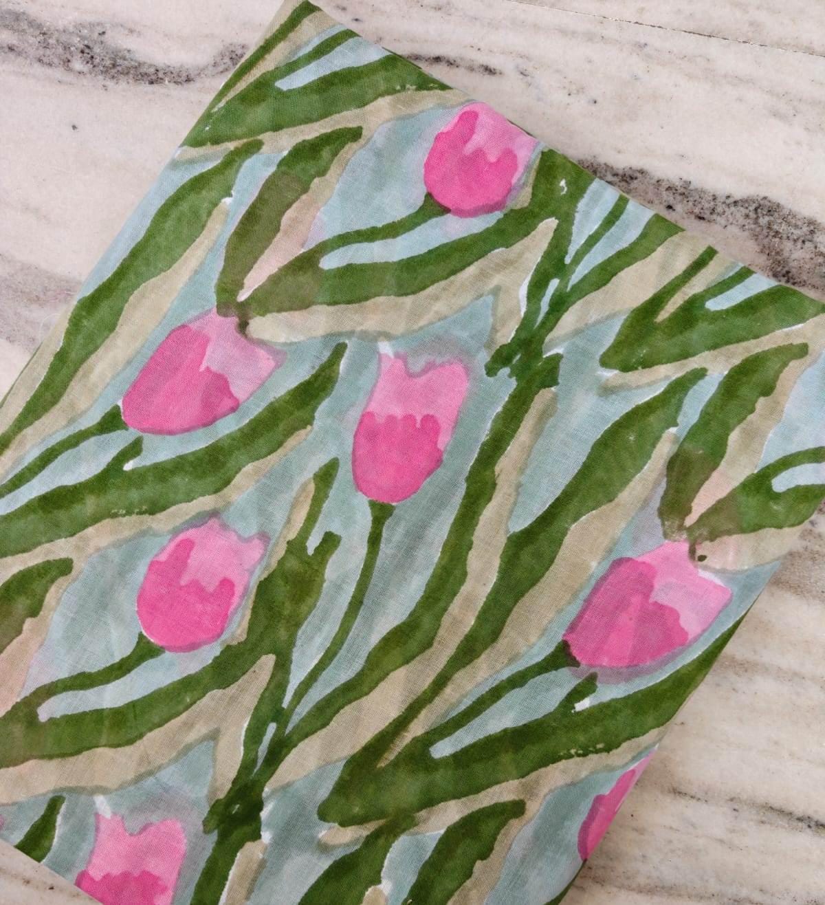 New Arrival Tulip Floral Cotton Fabric, Hand Block Print Fabric, Pink Green Botanical Fabric by Yard Indian Cotton Fabric Dressmaking Fabric
