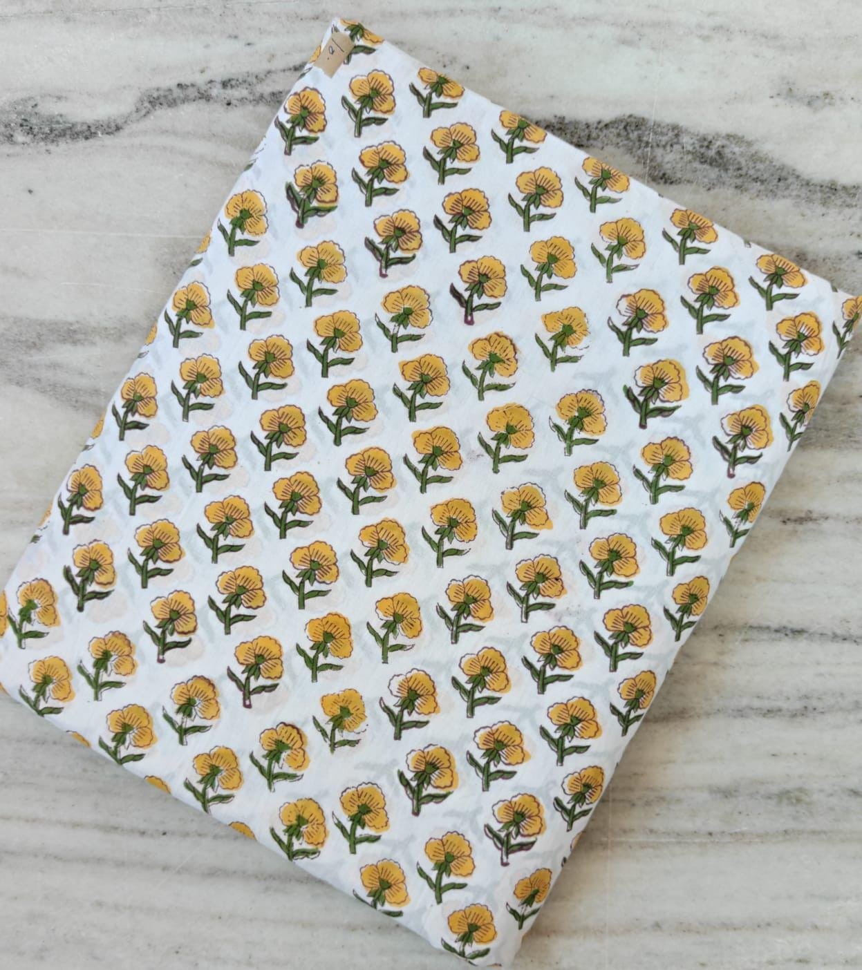 Indian Hand Block Print Cotton Fabric, Yellow Floral Buti Print Fabric, Jaipur Cotton Textile, Small Flower Botanical Fabric for Sewing Gift