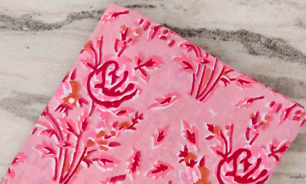 Pink Red Designer Hand Block Print Fabric, Floral 100% Cotton Quilting Fabric By The Yard, Fabric For Dress Making, Loose Running Fabric