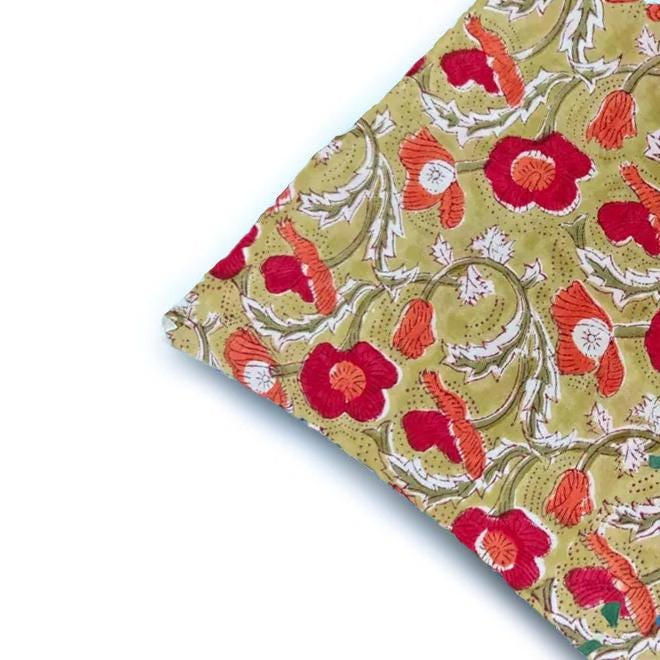 Hand Block Printed Cotton Cushion Cover, Green Floral Pillow Cover, 16x16 Handmade Cushion, Red Flower Print Throw Pillow, Boho Home Decor