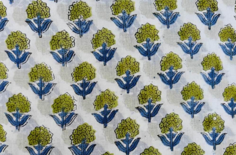 Hand Block Print Cotton Fabric, Green Floral Buti with Blue Leaves on White, Lightweight Indian Cotton for Dresses, Quilting Sewing Projects