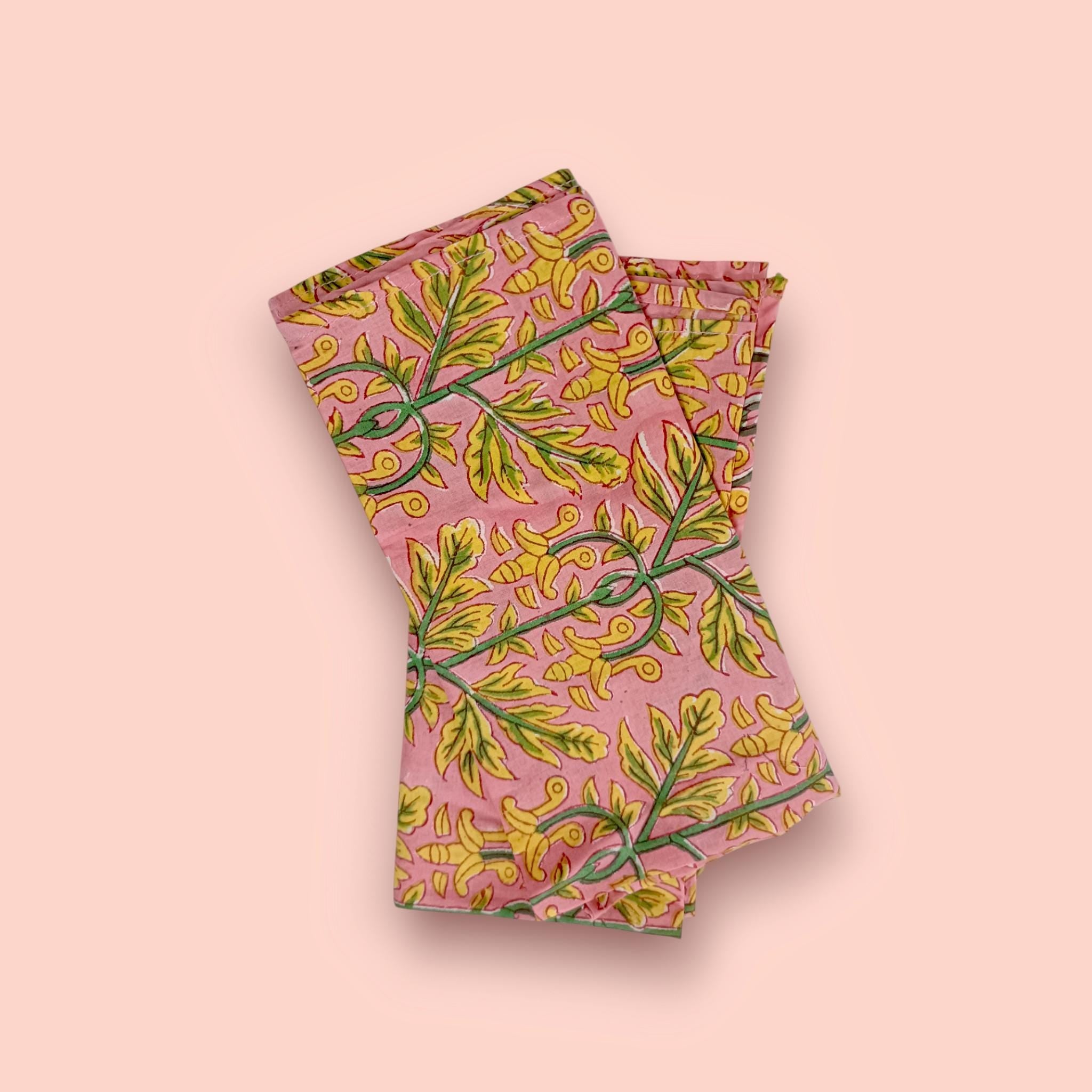 Pink Cotton Napkins with Yellow Green Floral Print | Hand Block Print Cloth Napkins | Reusable Dinner Napkins for Table Decor Dining